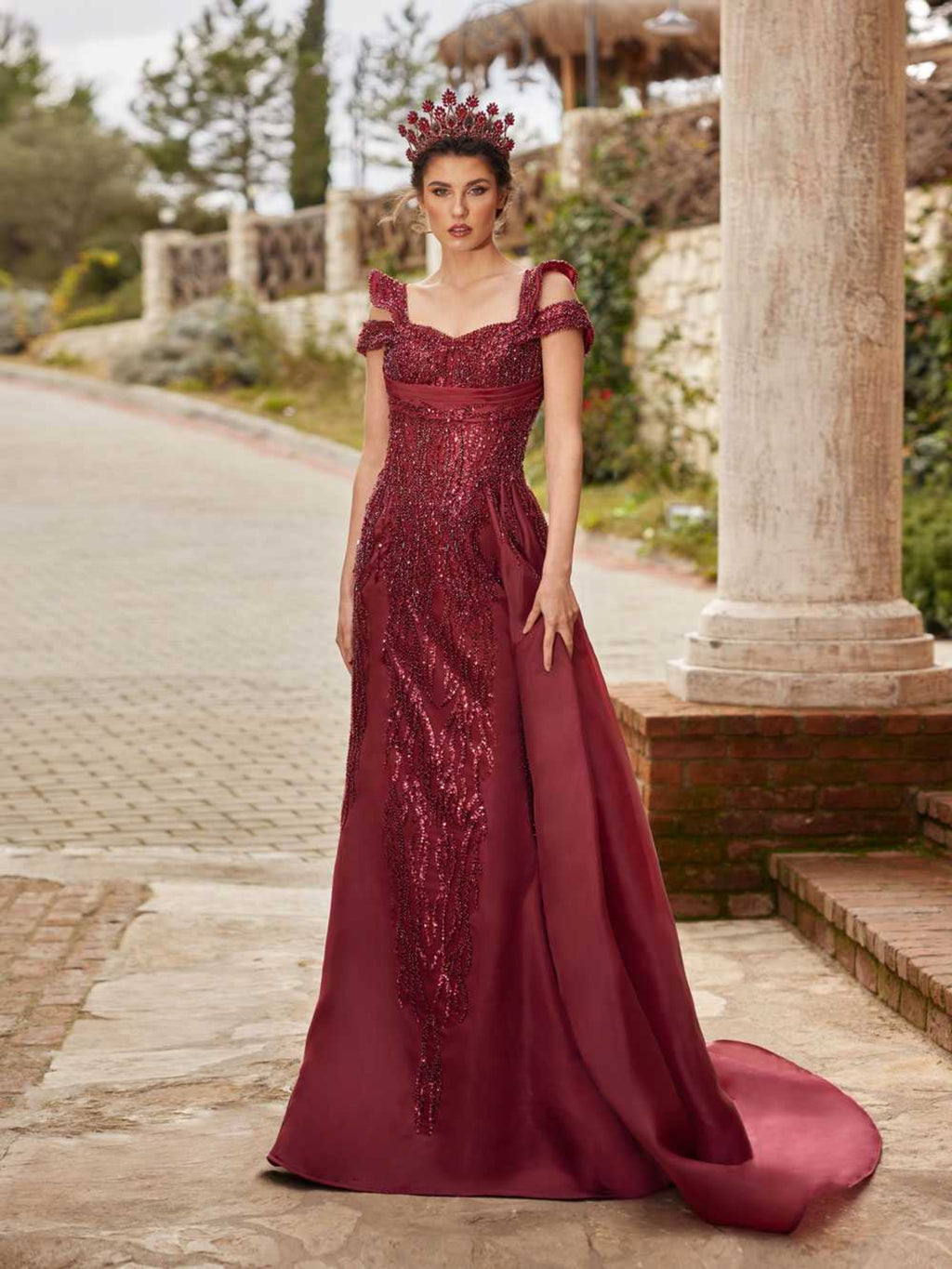 Burgundy Fitted Sweetheart Maxi Beaded Formal Evening Dress 42