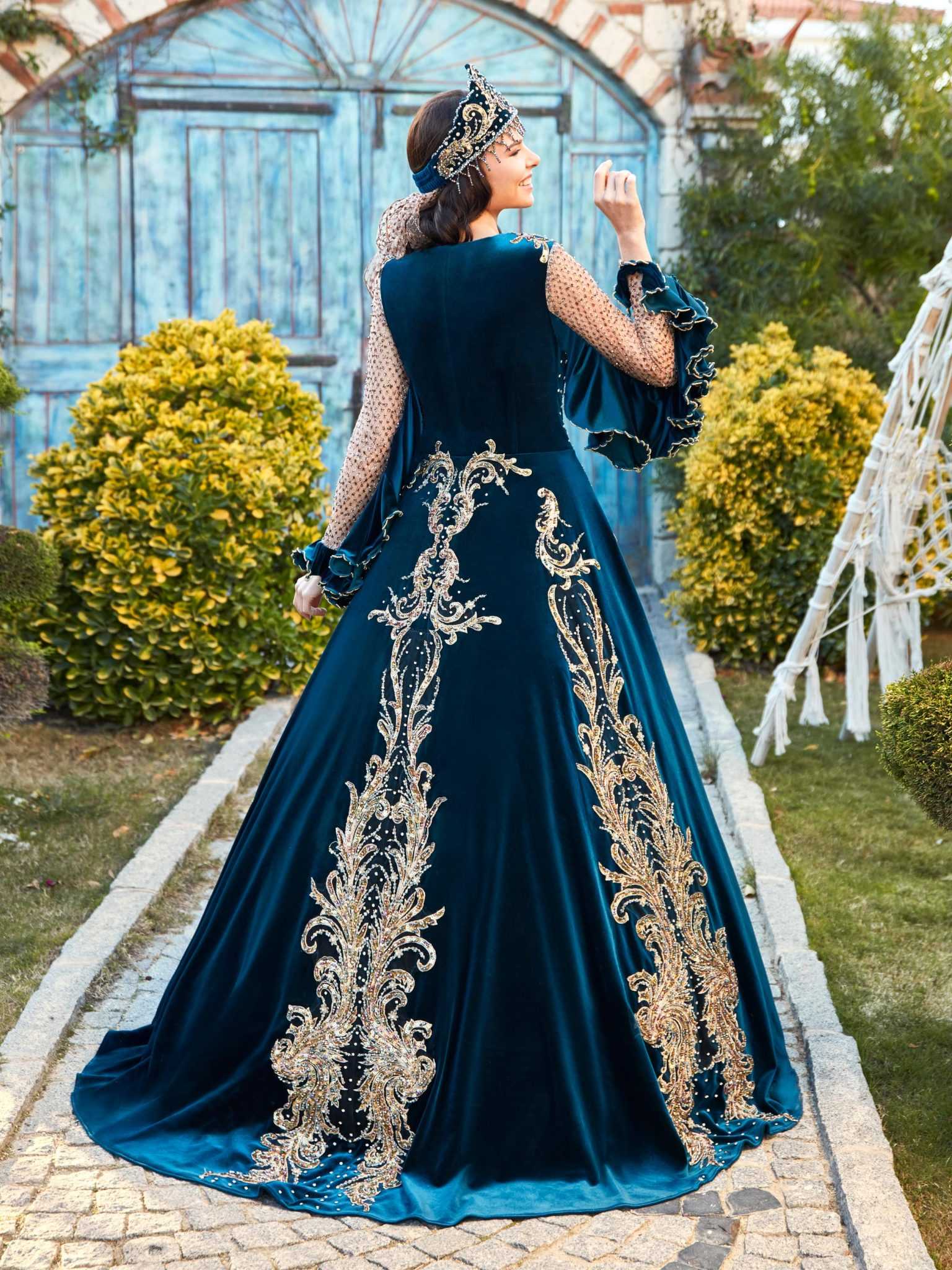 buy Gold Appliques Embroidered With Gold Sequin Long Bridal Henna Kaftan Dress Wear for wedding party online cheap party dresses online