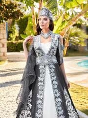 Grey Off Shoulder Embroidered silver beadings Henna night Kaftan formal dress for brides 6006GR-(3)