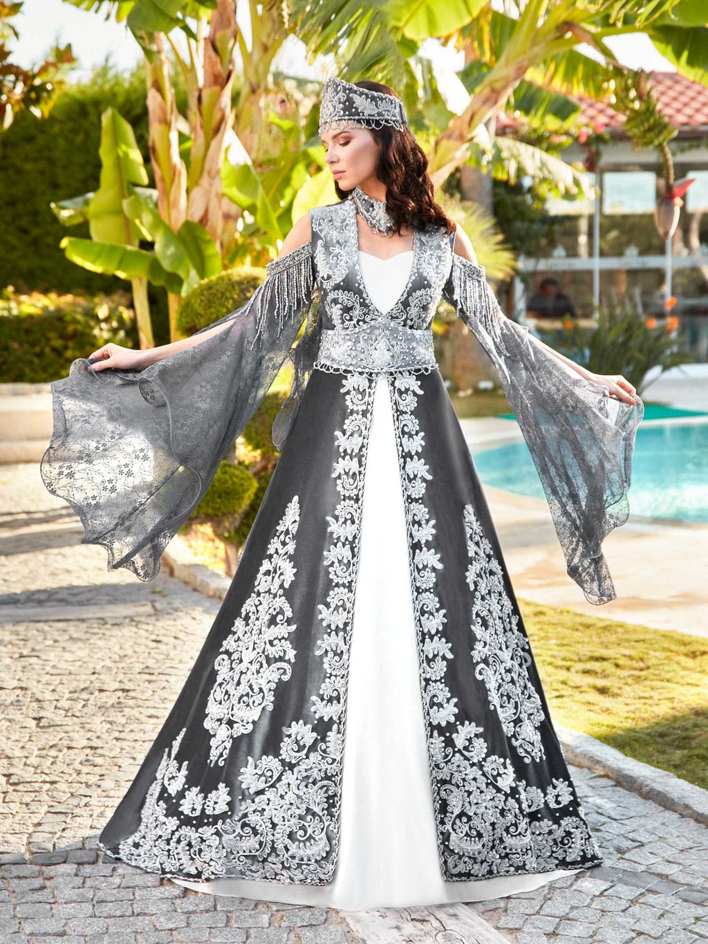 buy Embroidered Henna Kaftan Dress Grey Off the Shoulder 