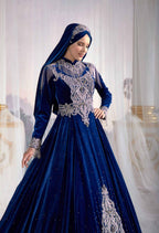 Close-up detail of the artisan hand-beaded crystal embroidery on the dark blue velvet modest evening caftan gown.(4)
