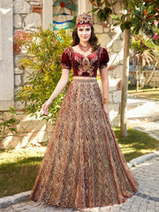 buy Heavily Gold Sequin Red Embroidered puffed sleeve Mehndi party Dress For Mehndi Function online sari store