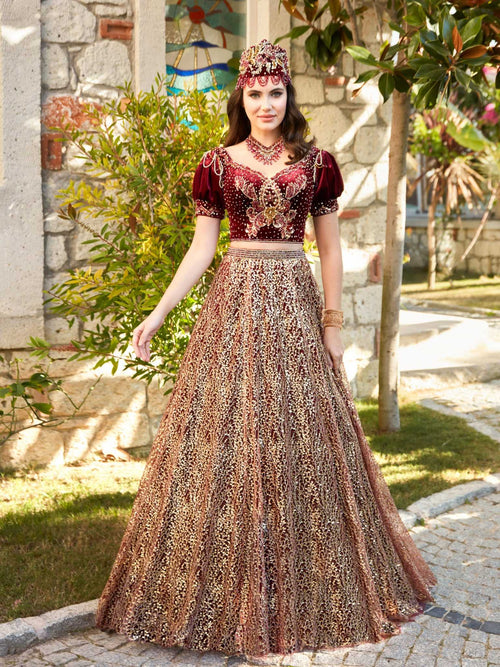 Gold Sequin Puff Sleeves Red Mehndi Party Dress 42 Gold Sequin Puff Sleeves Red Mehndi Party Dress 42
