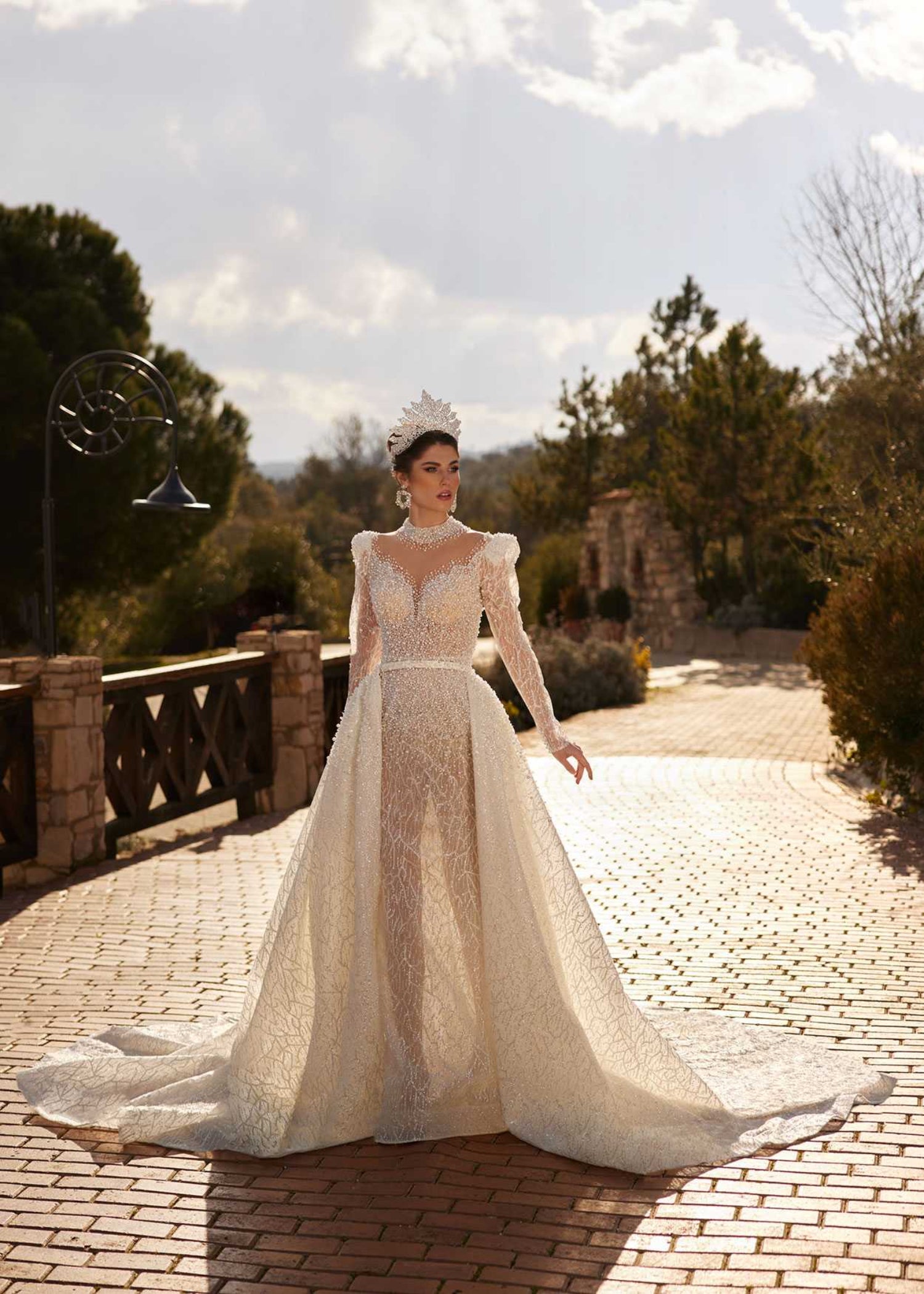 Pearl High Neck Wedding Dress with Detachable Train