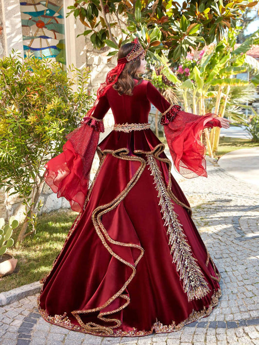 buy Burgundy velvet Long Sleeve Embroidered Henna Party Night Dress cheap online kaftan store