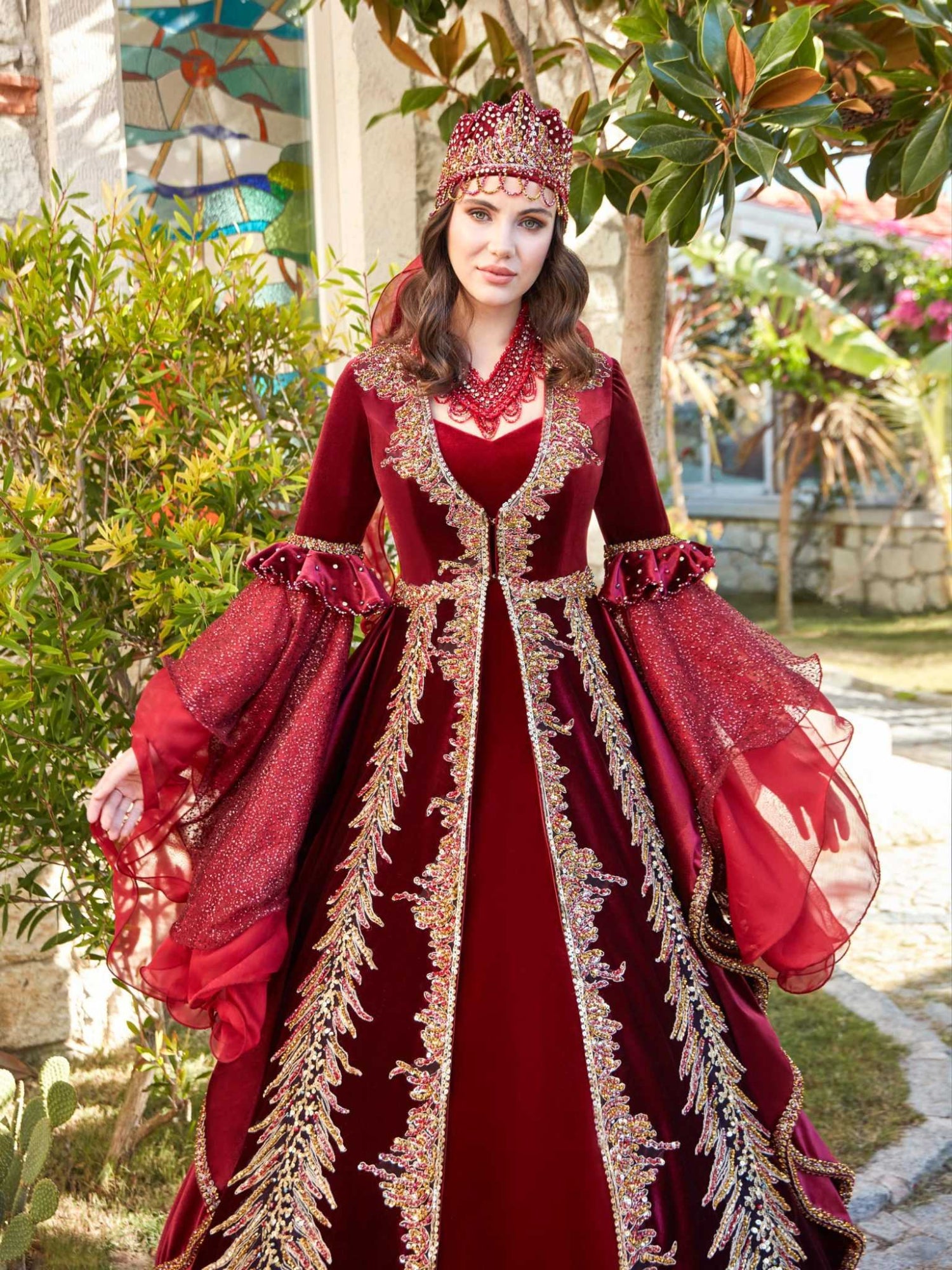 Burgundy Long Turkish Henna Party Dress 44
