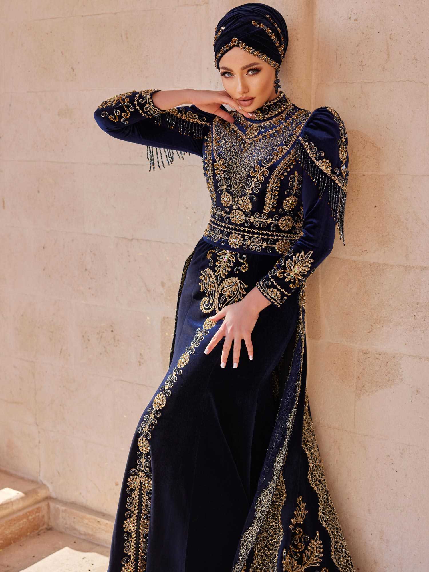buy fringed tulip sleeve details with long sleeve velvet gold applique ambellished detachable train mermaid kaftan henna party gown online boutiques