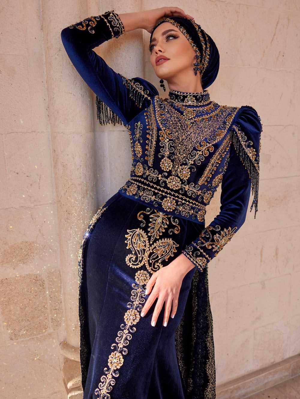 Luxury Navy Blue Mermaid Embroidered Long Tail Muslim Party Dress Sultan Dress Luxury Navy Blue Mermaid Embroidered Long Tail Muslim Party Dress Sultan Dress