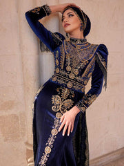 buy navy blue velvet juliet sleeve gold floral embellished detachable train glamorous muslim henna gown online store