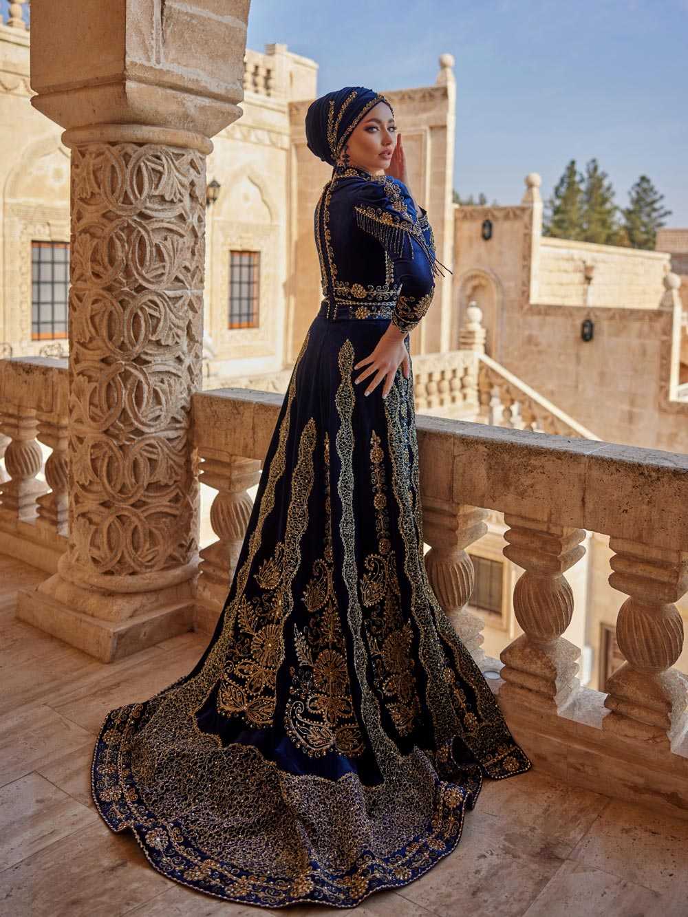 Luxury Navy Blue Mermaid Embroidered Long Tail Muslim Party Dress Sultan Dress Luxury Navy Blue Mermaid Embroidered Long Tail Muslim Party Dress Sultan Dress