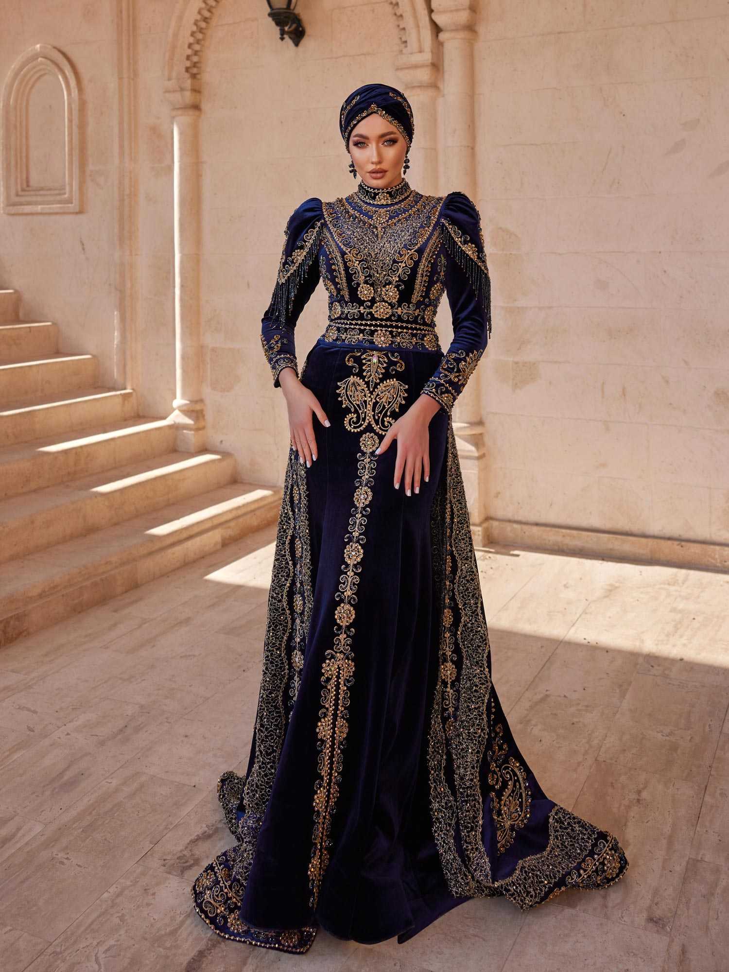 Luxury Navy Blue Mermaid Embroidered Long Tail Muslim Party Dress - 36 Luxury Navy Blue Mermaid Embroidered Long Tail Muslim Party Dress - 36