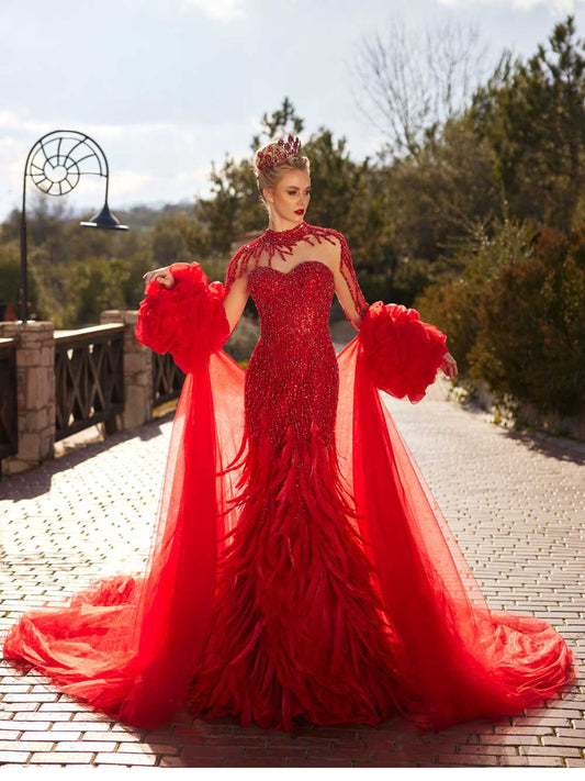 buy Luxury Red Long Embellished Mermaid Feather Prom Dress Formal Gown online gown store