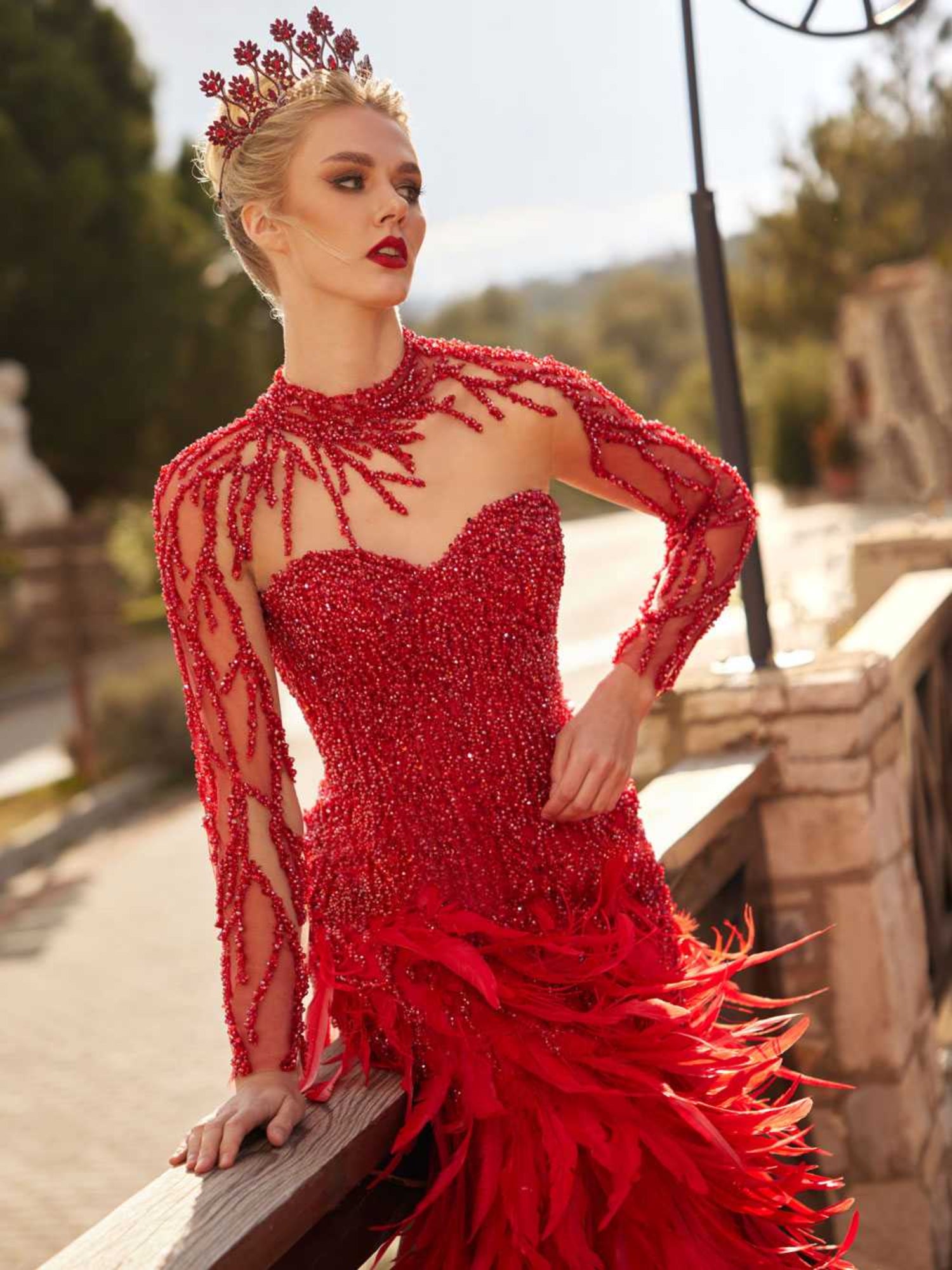Luxury Red Long Embellished Mermaid Feather Prom Dress Formal Gown 40