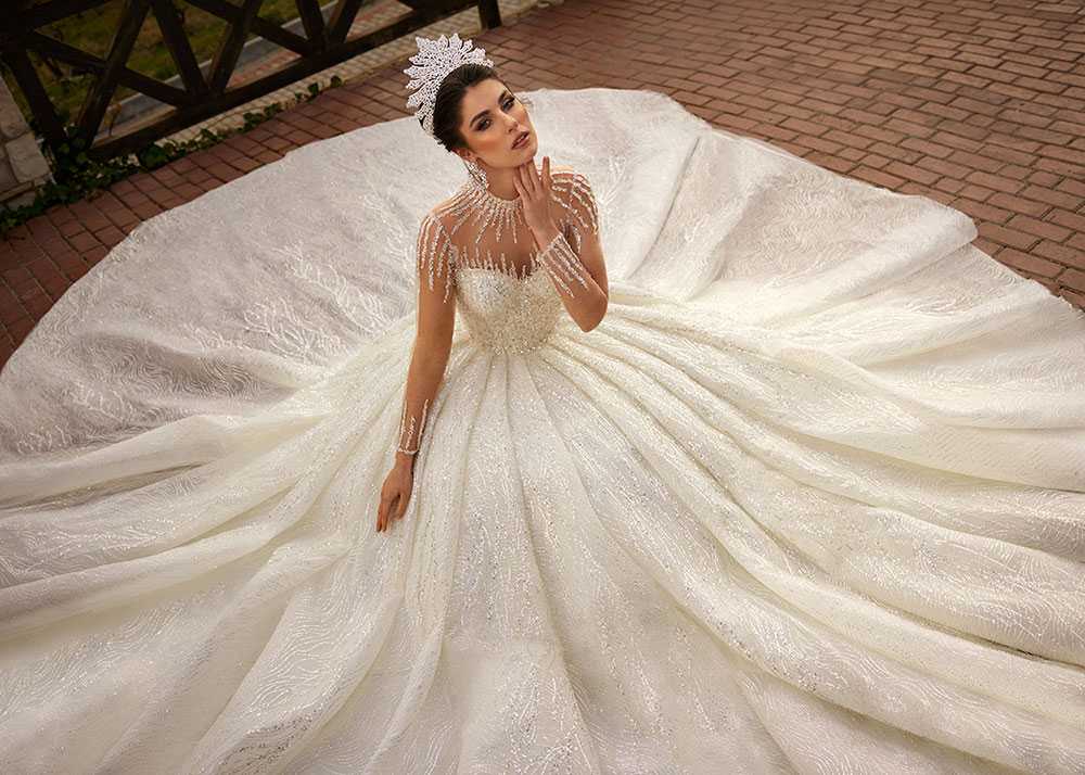 Luxury Turtle Neck Crystal Wedding Gown with Long Sheer Sleeve 40