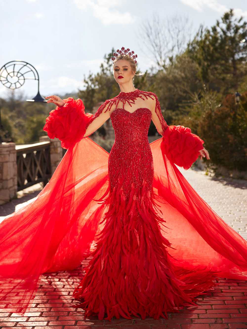Luxury Red Long Embellished Mermaid Feather Prom Dress Formal Gown 44 Luxury Red Long Embellished Mermaid Feather Prom Dress Formal Gown 44