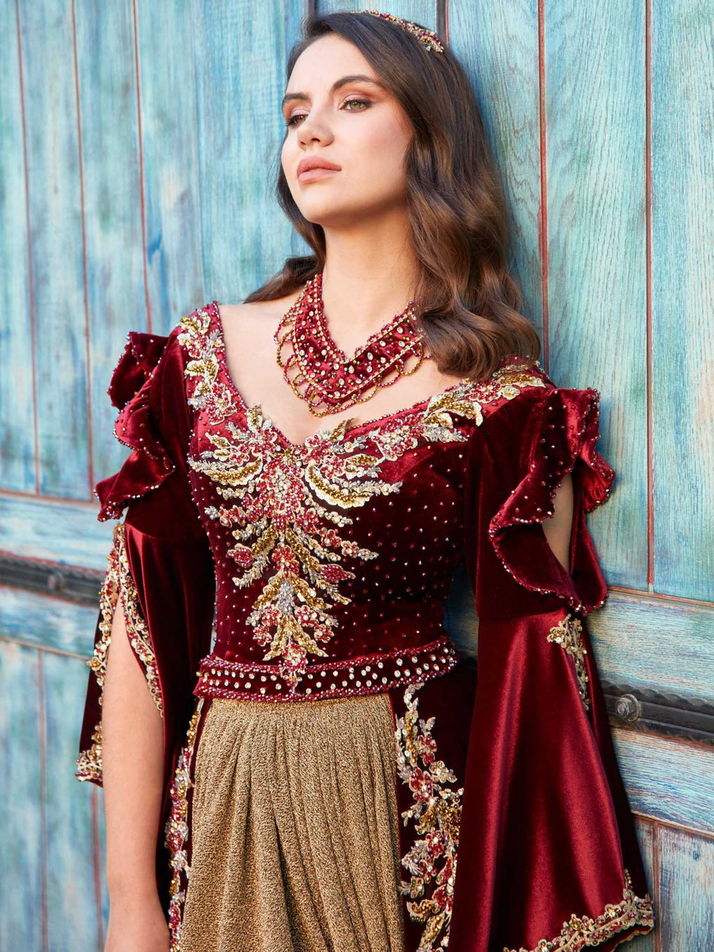 buy Glamorous red  velvet gold sparkly shalwar kamezz expensive for mehndi party online shop