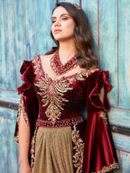 buy Glamorous red  velvet gold sparkly shalwar kamezz expensive for mehndi party online shop