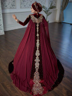 Maroon Cape floor lenght long sleeve heavily Embroidery Henna Wedding caftan Dress for women online (1)