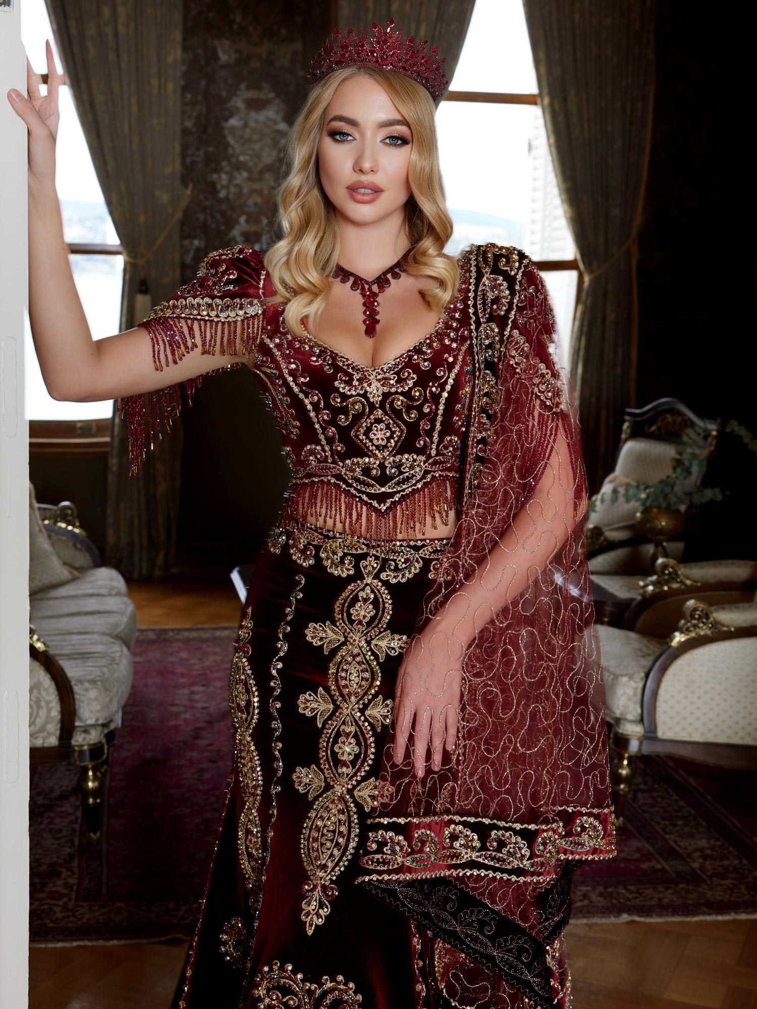 buy Maroon Color Heavy Embroidered Bridal Mermaid Style Fashionable Long Tail Lehenga Choli Party Dress online for women helin-(6)