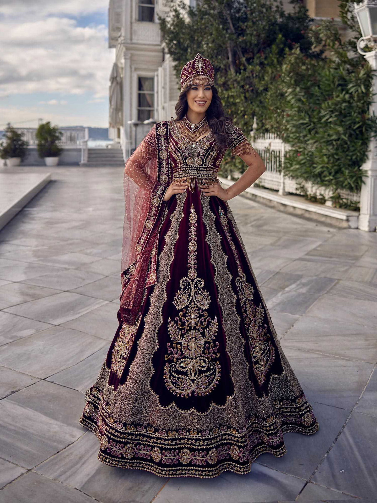 buy Maroon Velvet Heavy Embroidered Bridal Long Party Gown henna party gowns online