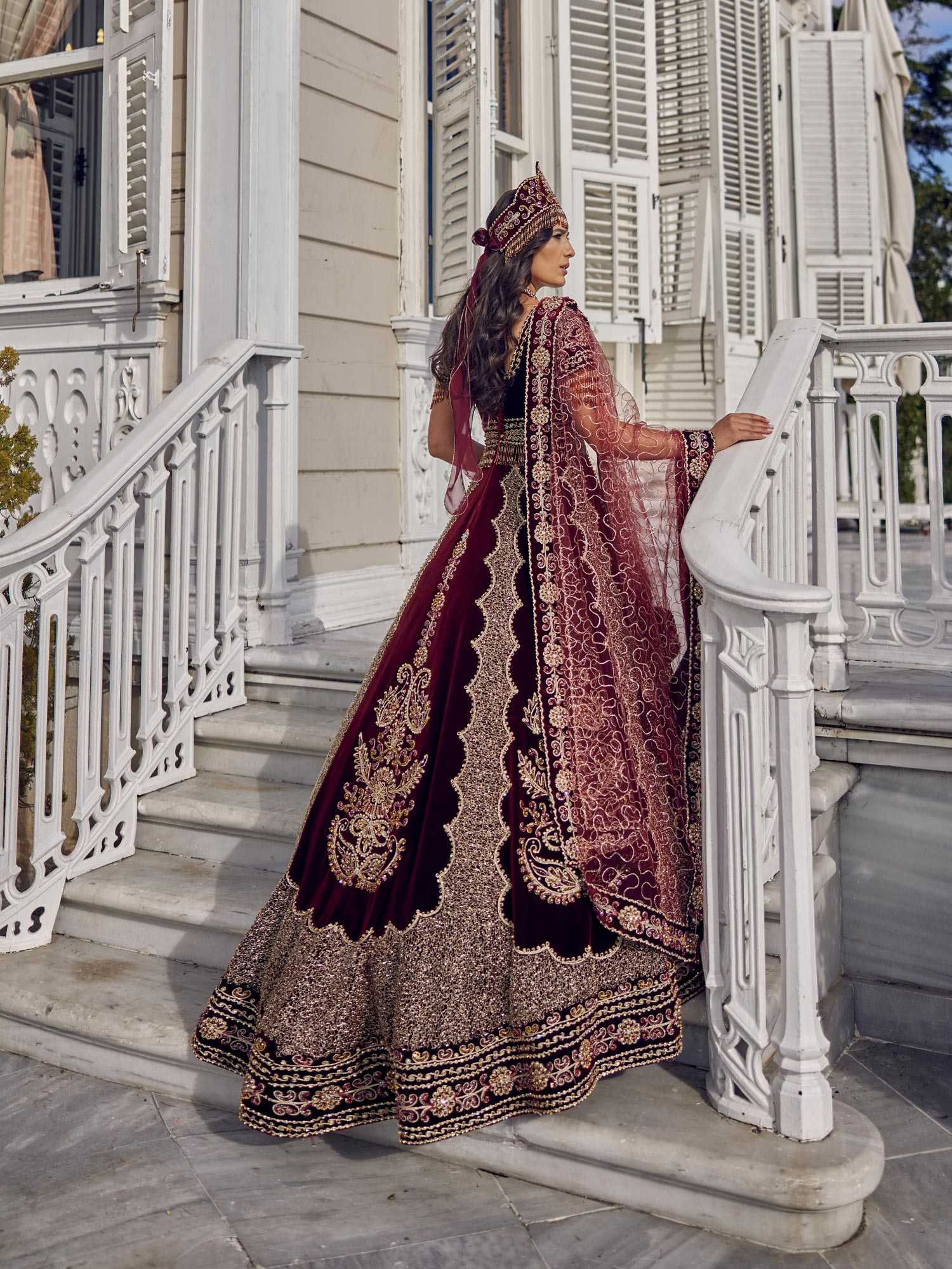 Maroon Velvet Heavy Embroidered Bridal Long Party Gown - 36 Maroon Velvet Heavy Embroidered Bridal Long Party Gown - 36