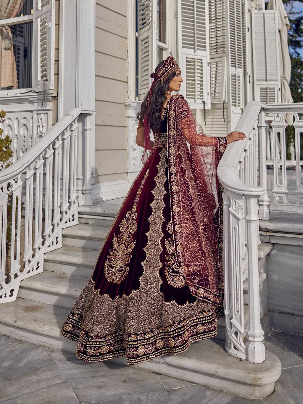 buy Maroon Color Heavy Embroidered Long Bridal Velvet Gown For Wedding Party online bridal henna stores
