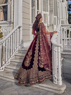 buy Maroon Color Heavy Embroidered Long Bridal Velvet Gown For Wedding Party online bridal henna stores