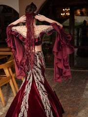 Maroon Illusion Neck Long Frill Sleeve Mermaid Gold Lace Wedding Party Dress 536_0373 (1)