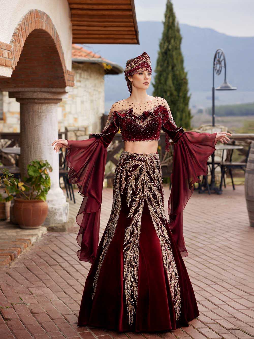 Maroon Illusion Neck Long Frill Sleeve Mermaid Gold Lace Wedding Party Dress 536_0373 (2)
