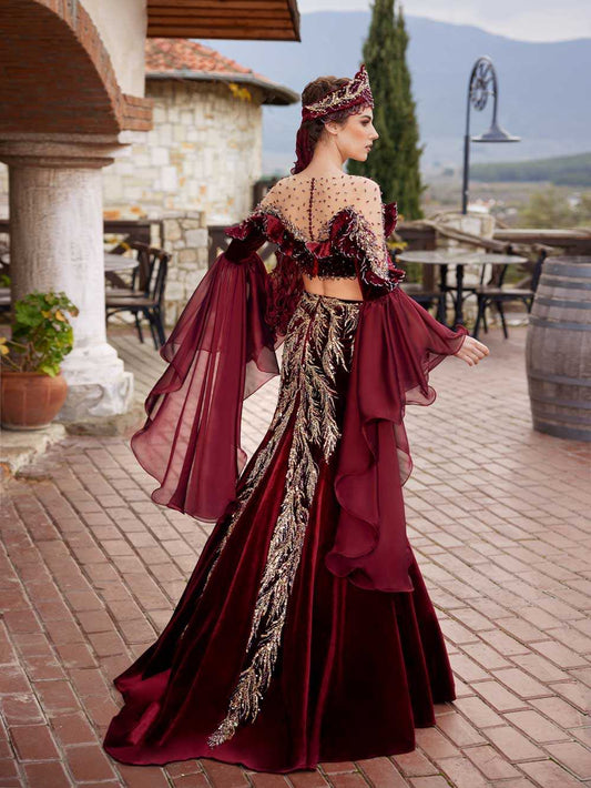 Maroon Illusion Neck Long Frill Sleeve Mermaid Gold Lace Wedding Party Dress 536_0373 (4)