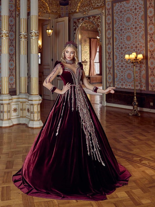 Elegant Maroon Ball Gown for Book Cover | MUSE AI