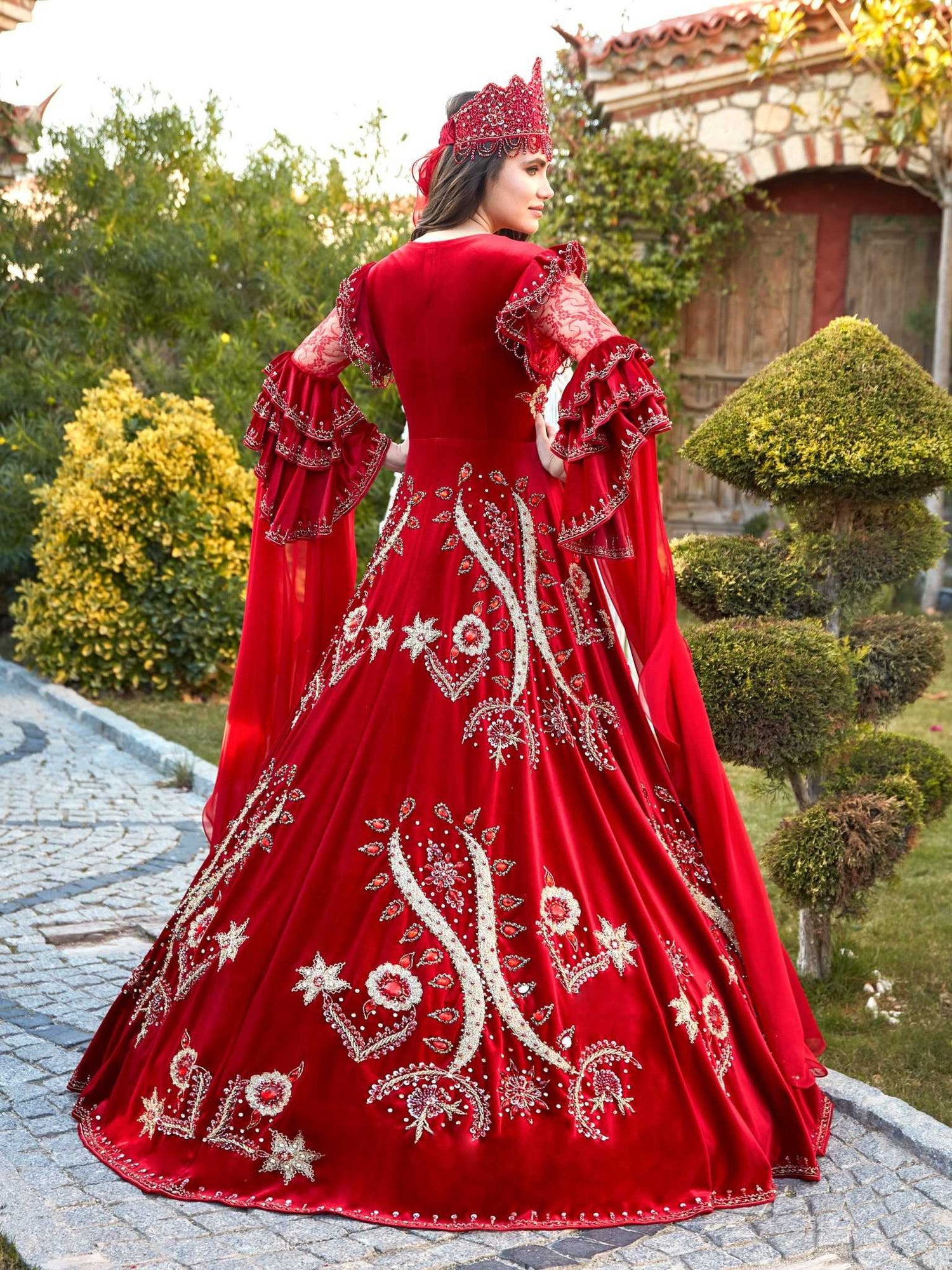 henna dress red Burgundy Frill Sleeve Long Embroidery Sequin Henna Party Dress 38