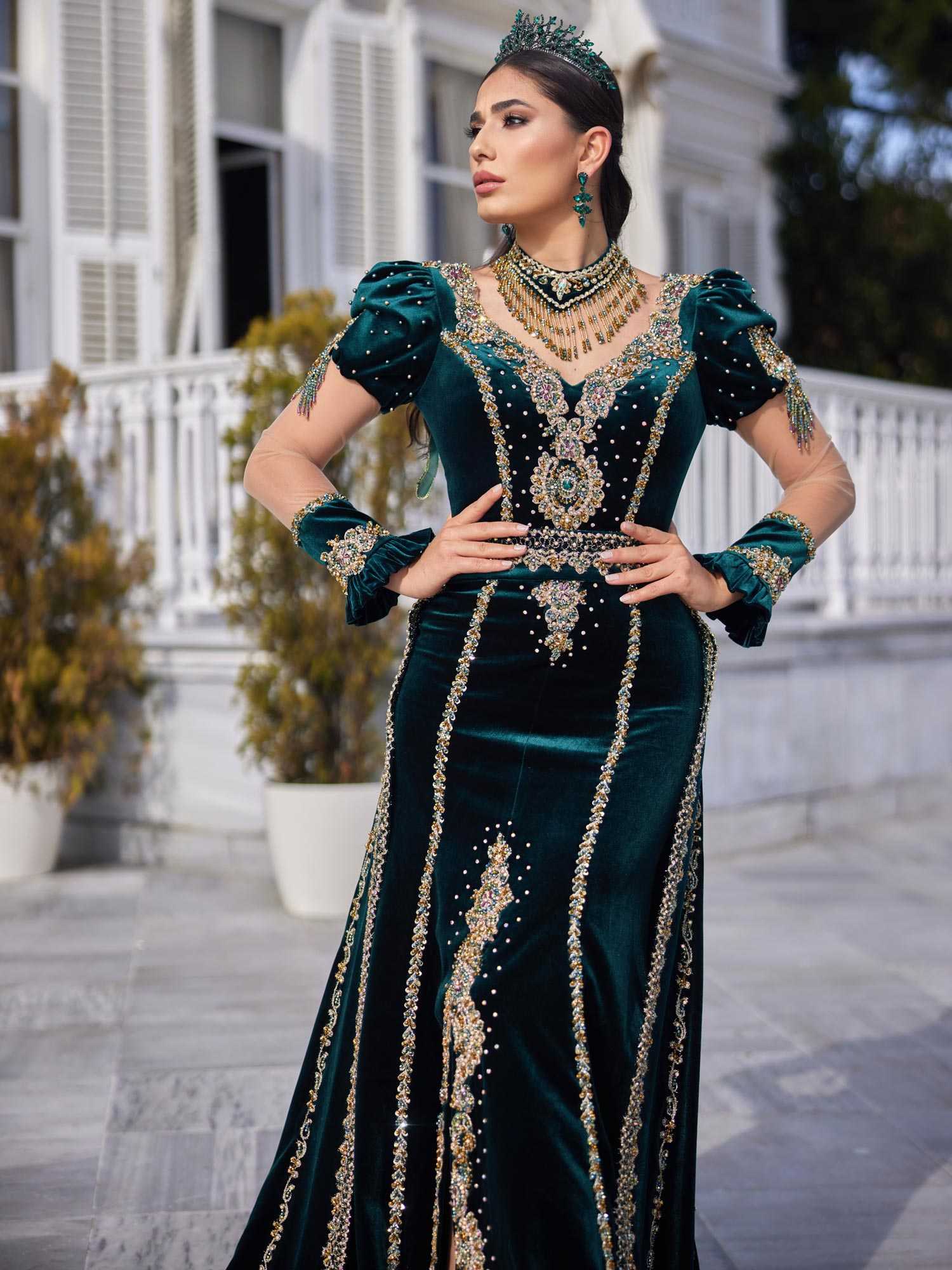 buy emerald green trendy stylish v neck front slit gold beaded chapel train henna party formal dress online store