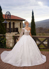 buy Fascinating Stylish One Shoulder Cathedral Train Lace Wedding Dress With Pearls online bridal boutiques