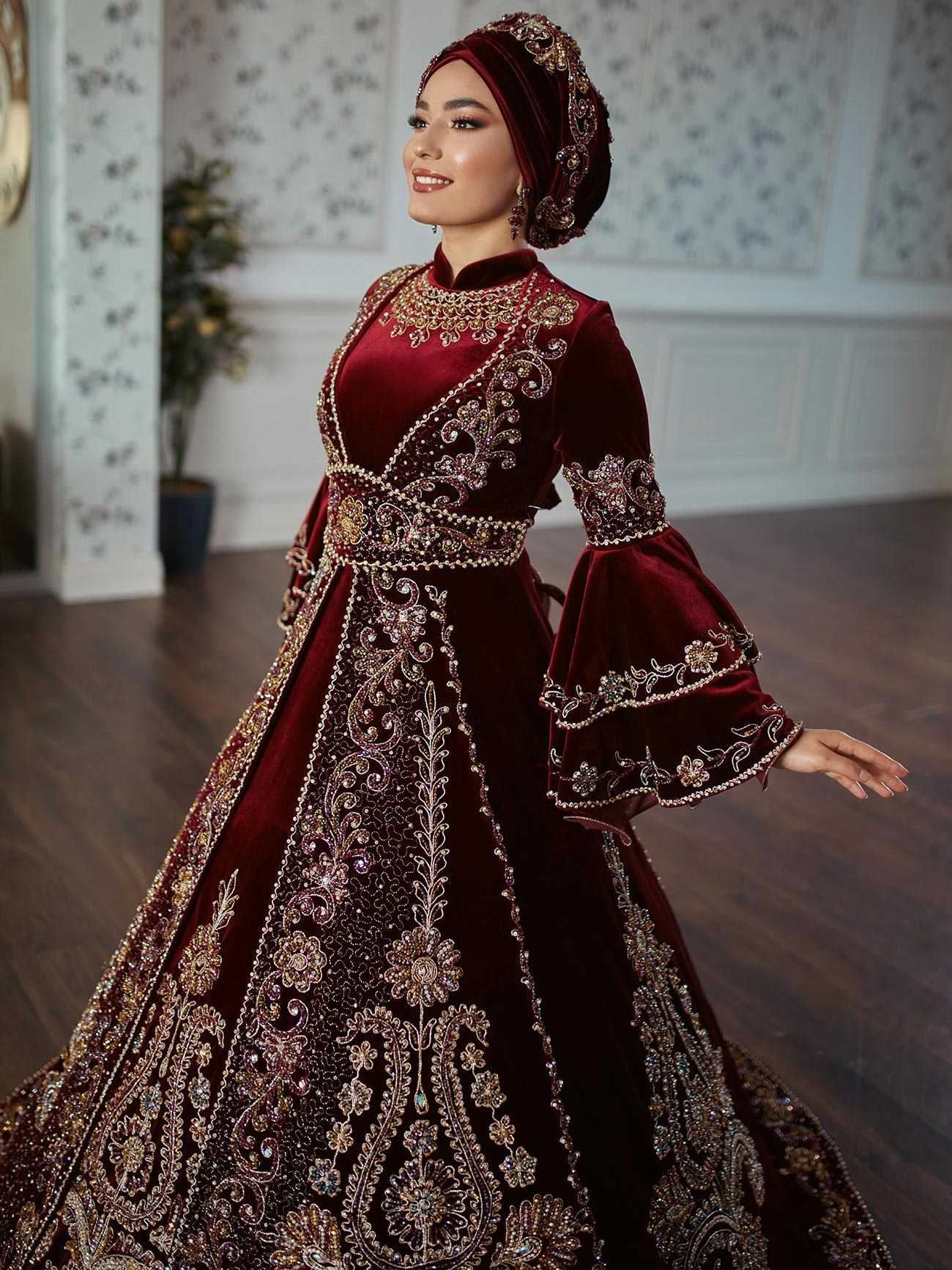 Muslim Long sleeve floor length burgundy wedding abaya embroidered hijab dress for henna night (2)