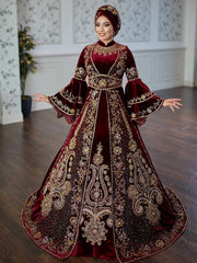 Muslim Long sleeve floor length burgundy wedding abaya embroidered hijab dress for henna night (3)