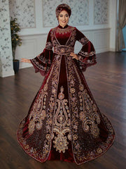 Muslim Long sleeve floor length burgundy wedding abaya embroidered hijab dress for henna night (4)