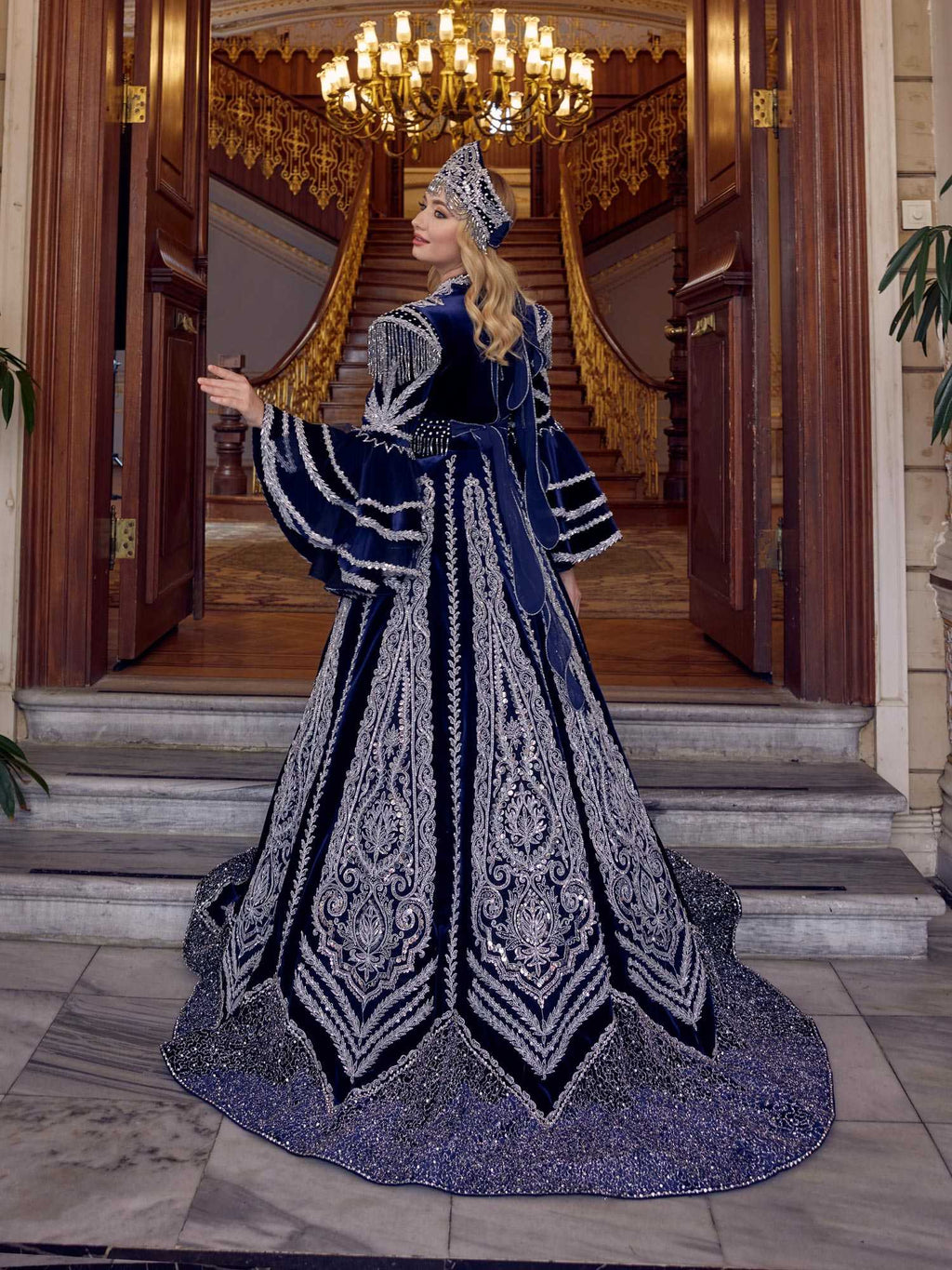 buy Navy Blue Full Sequin Work Puffy Long Sleeve Evening Ball Gown Henna Kaftan Dress online henna kaftans store
