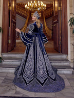 buy Navy Blue Full Sequin Work Puffy Long Sleeve Evening Ball Gown Henna Kaftan Dress online henna kaftans store