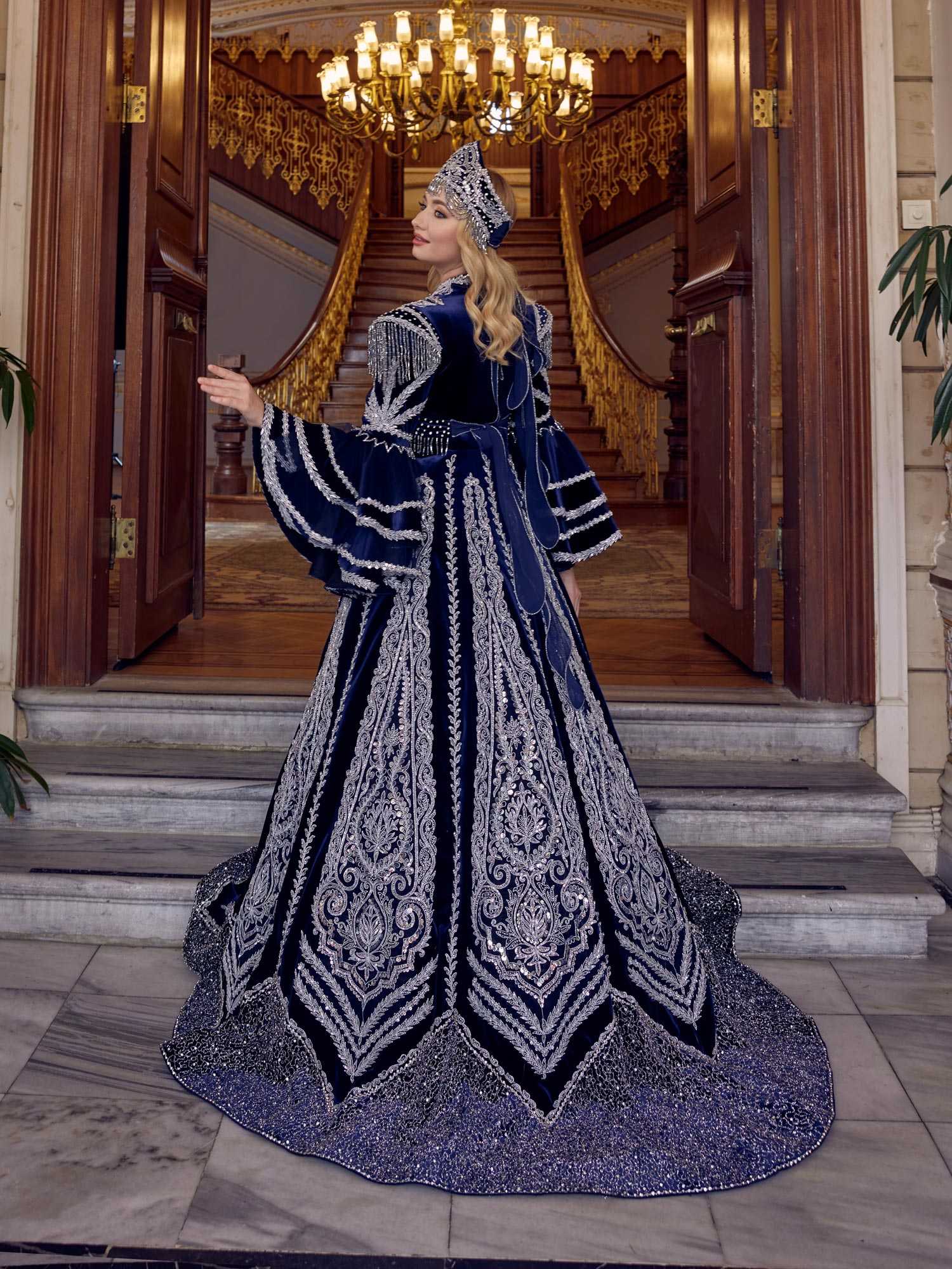 buy Navy Blue Full Sequin Work Puffy Long Sleeve Evening Ball Gown Henna Kaftan Dress online henna kaftans store