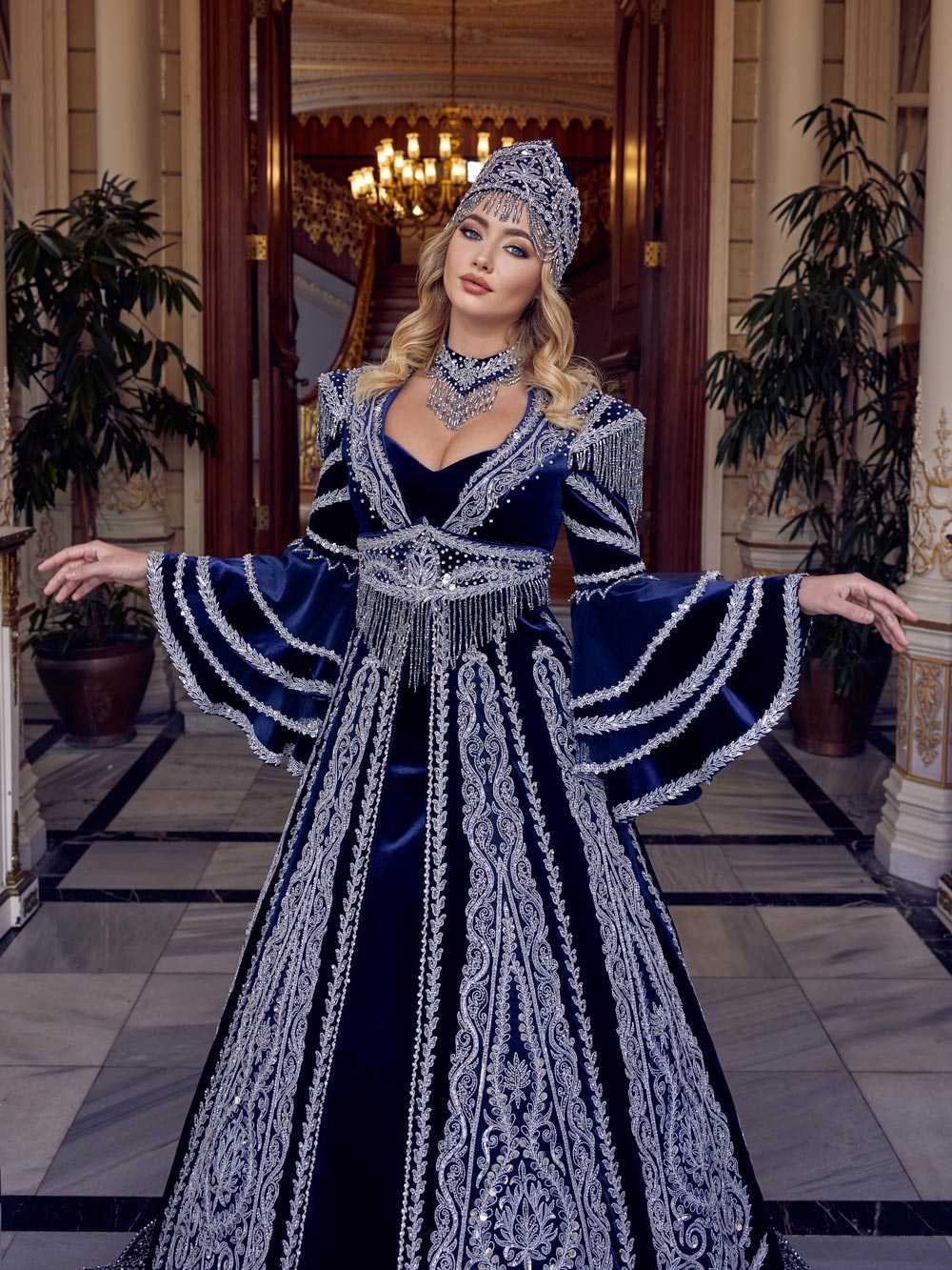 Navy Blue Full Sequin Work Puffy Long Sleeve Evening Ball Gown Henna Kaftan Dress online for ladies mira-(2)