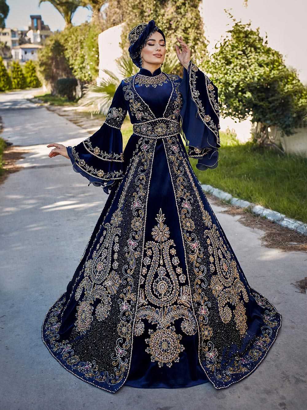 Navy Blue Long Elegant Muslim Wedding Kaftan ladies elegant long evening gowns for wedding (1)