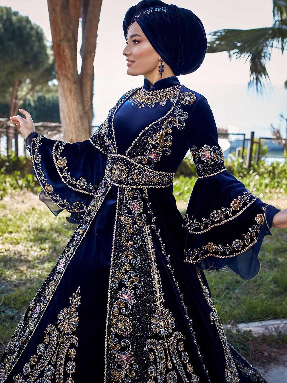 Navy Blue Long Elegant Muslim Wedding Kaftan ladies elegant long evening gowns for wedding (3)