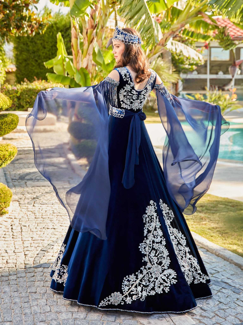 Navy Blue Off Shoulder Maxi Wedding Kaftan 42