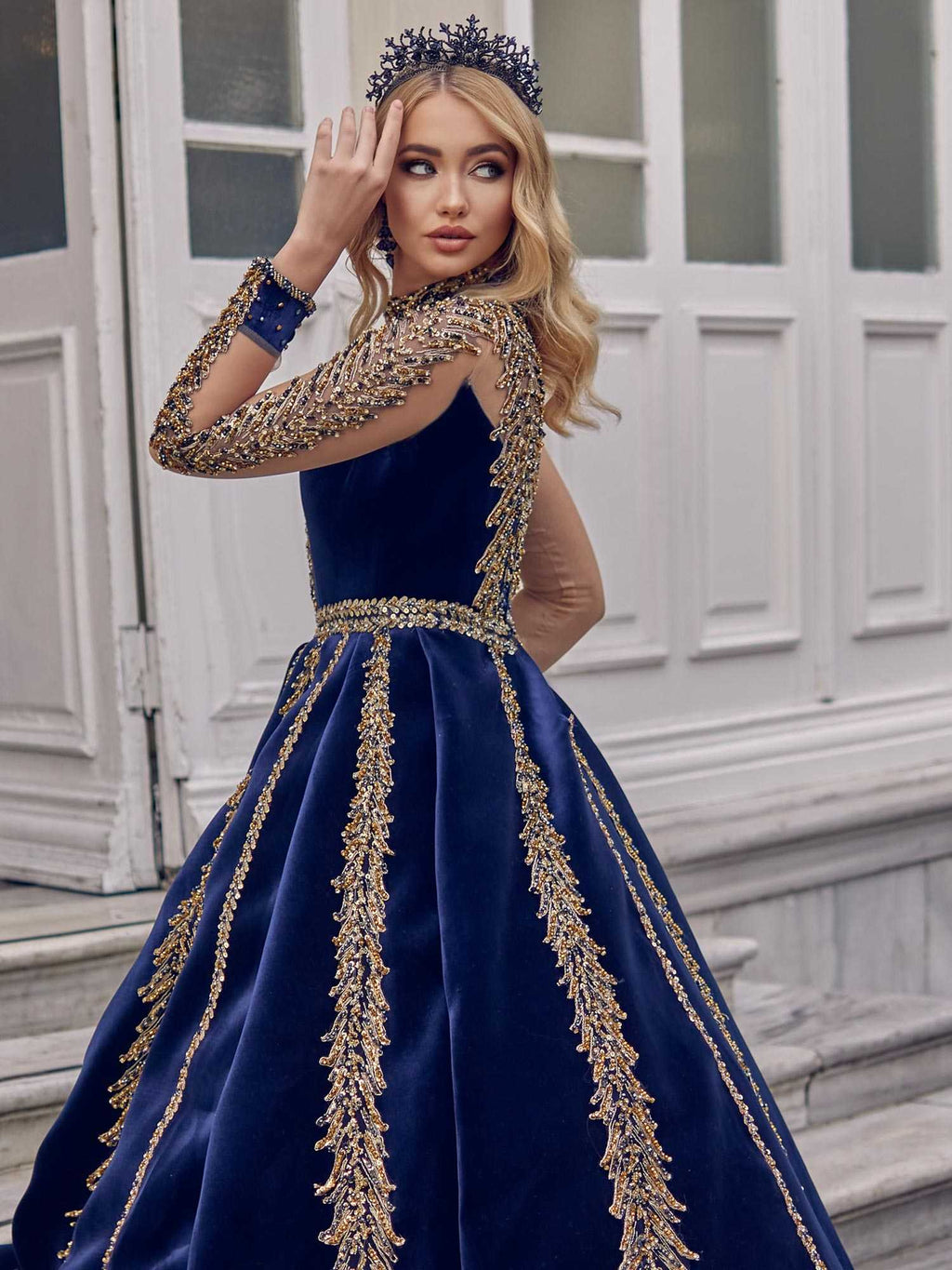 Beaded Sequin Long Tail Navy Blue Tulle Sleeve Prom Ball Gown Sultan Dress Beaded Sequin Long Tail Navy Blue Tulle Sleeve Prom Ball Gown Sultan Dress