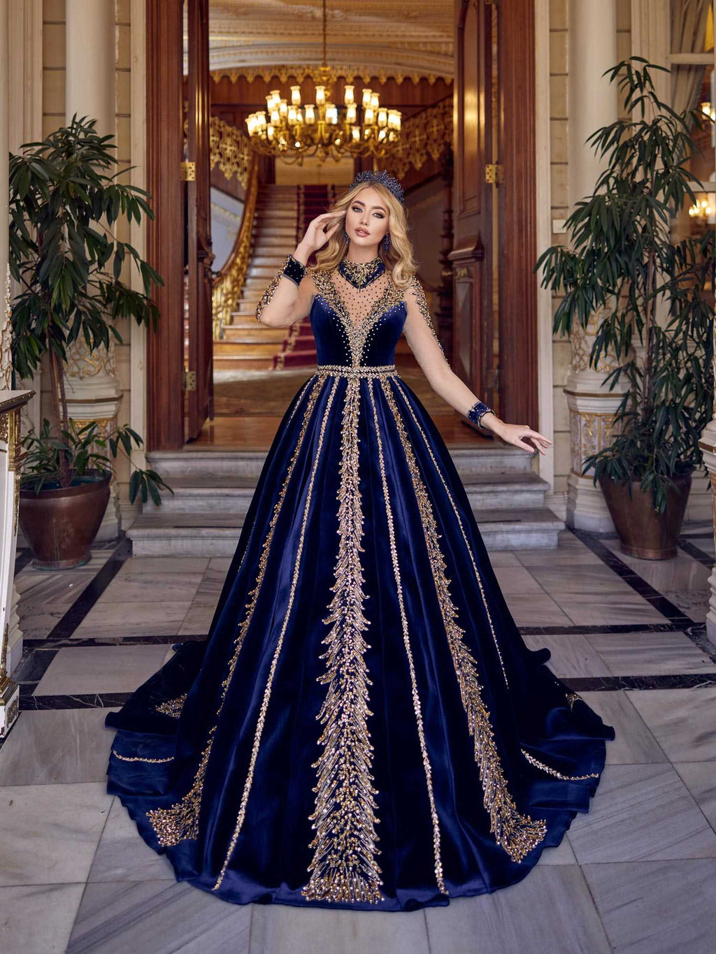Beaded Sequin Long Tail Navy Blue Tulle Sleeve Prom Ball Gown Sultan Dress Beaded Sequin Long Tail Navy Blue Tulle Sleeve Prom Ball Gown Sultan Dress
