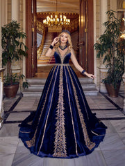 Navy Blue Sequin And Beaded Long tail Tulle Sleeve With Rhinestones Prom Party princess Ball Gownonline for women -zuhre (2)