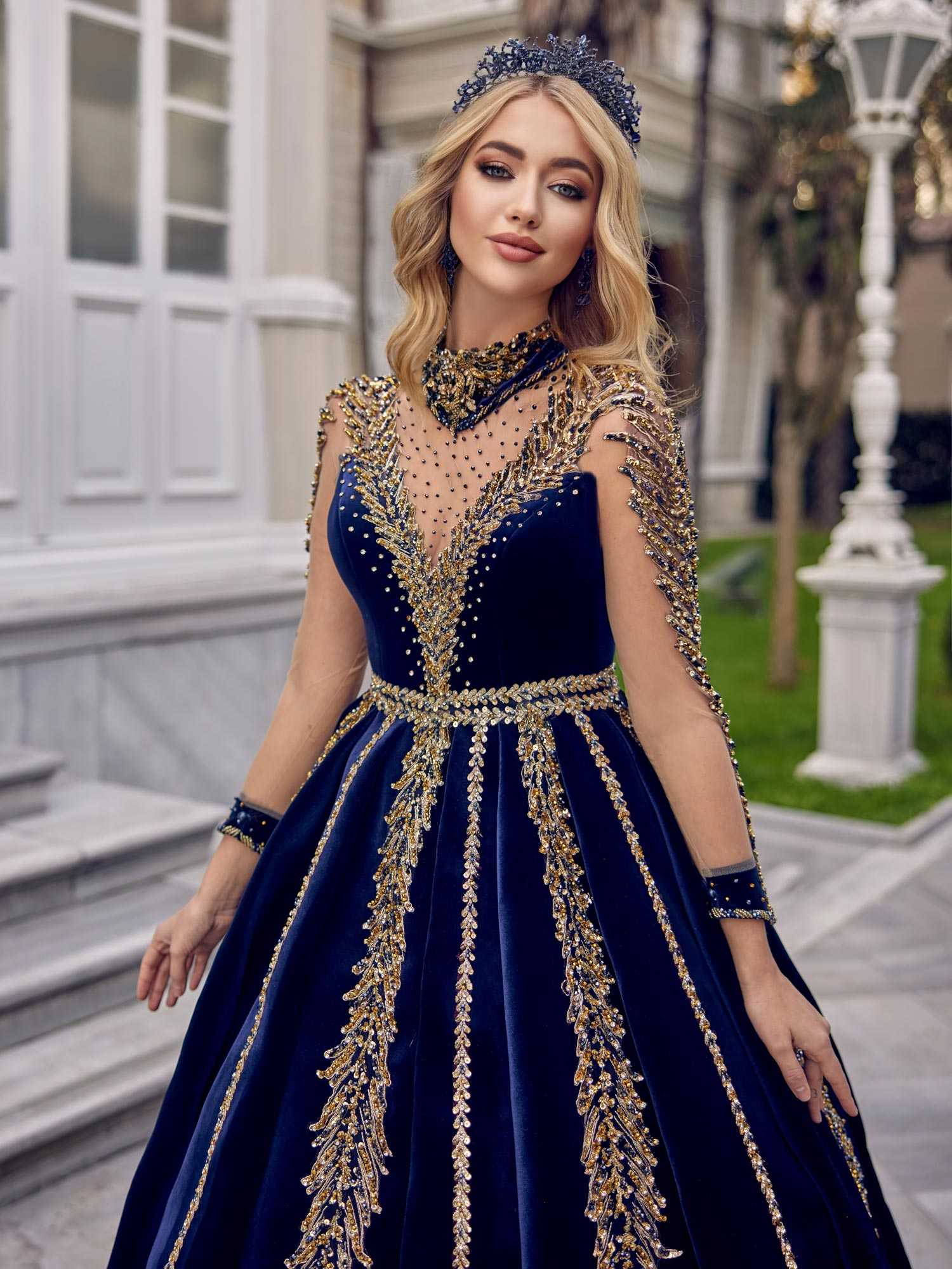 Beaded Sequin Long Tail Navy Blue Tulle Sleeve Prom Ball Gown Sultan Dress Beaded Sequin Long Tail Navy Blue Tulle Sleeve Prom Ball Gown Sultan Dress