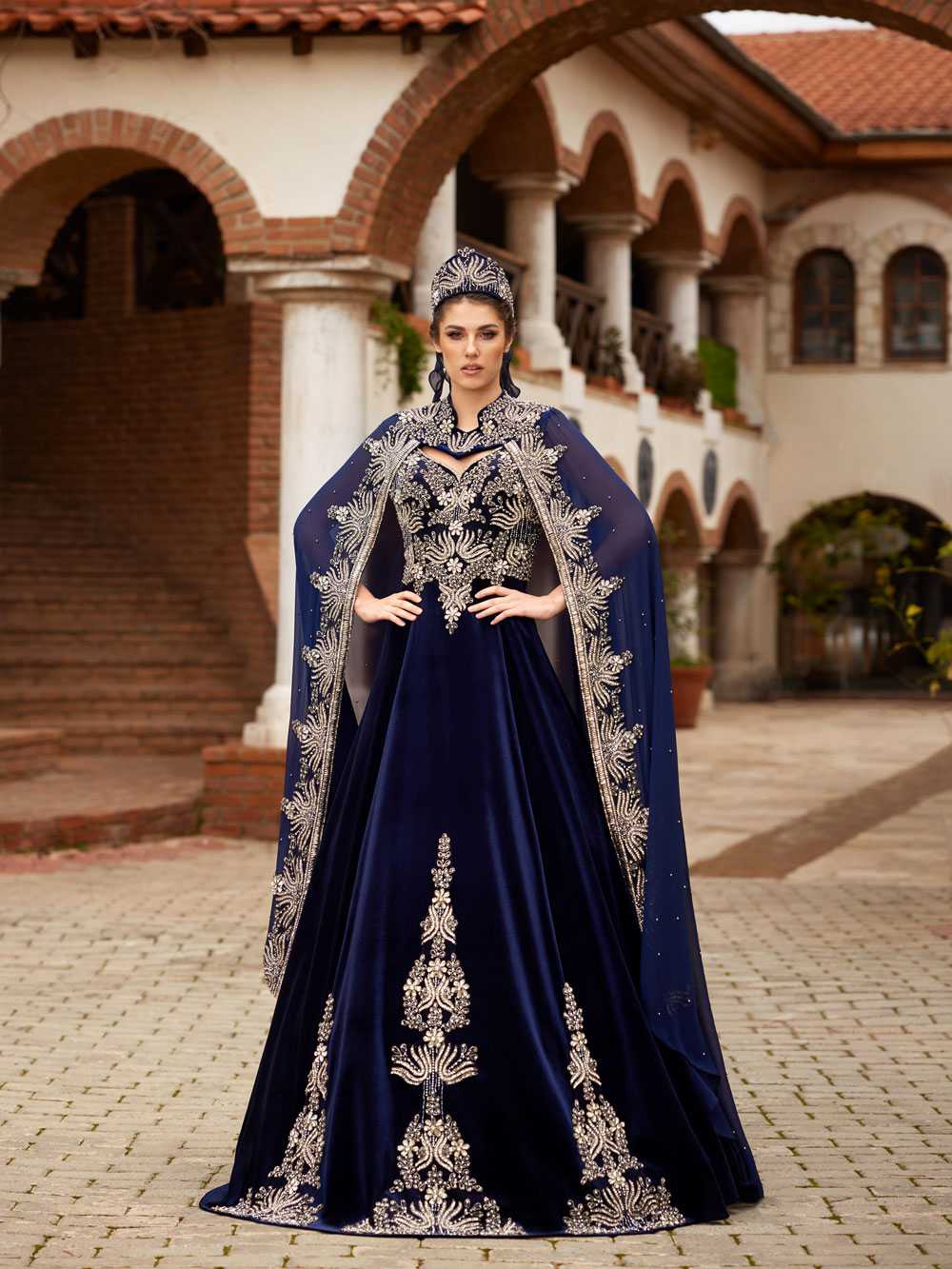 Navy Blue Velvet Crystal Beaded Cape Long Turkish Kaftan Dress 500 (1)