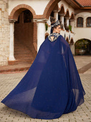 Navy Blue Velvet Crystal Beaded Cape Long Turkish Kaftan Dress 500 (3)